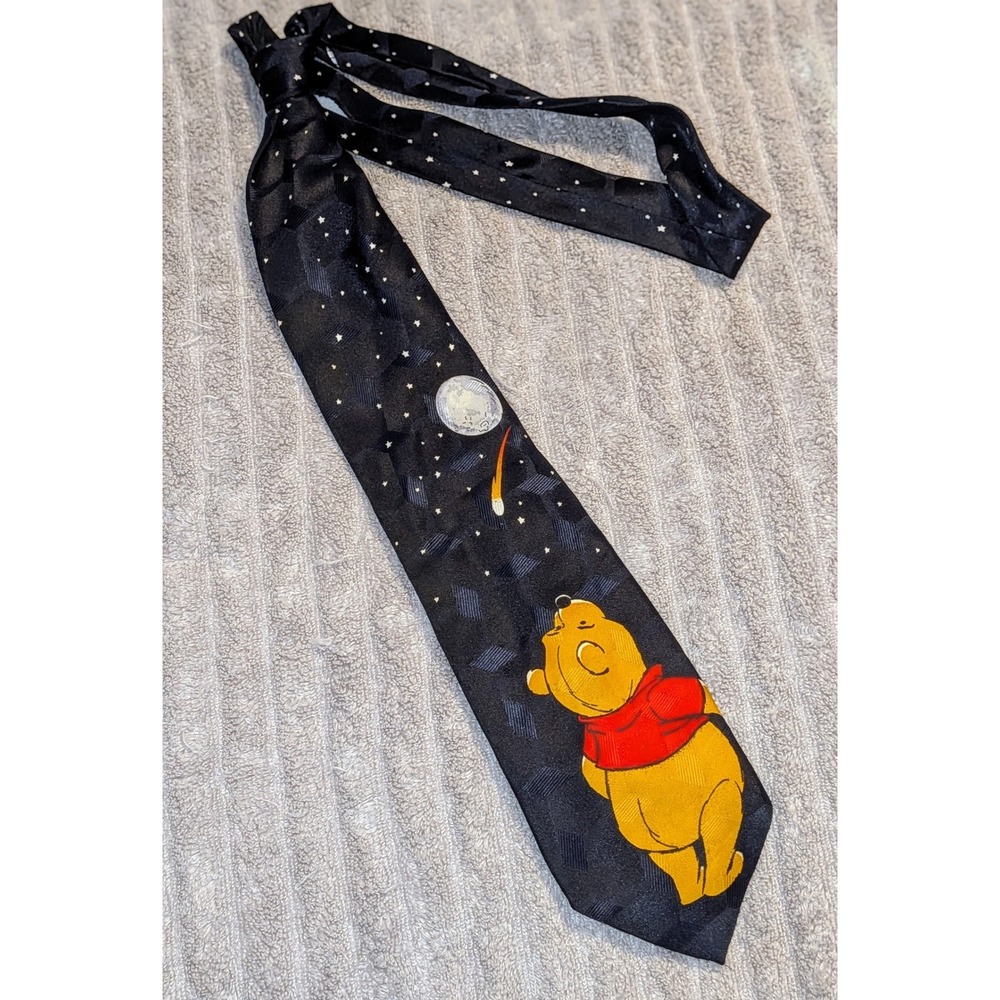 Disney Pooh Tie Novelty Necktie Moon Stars Polyester Black Vintage